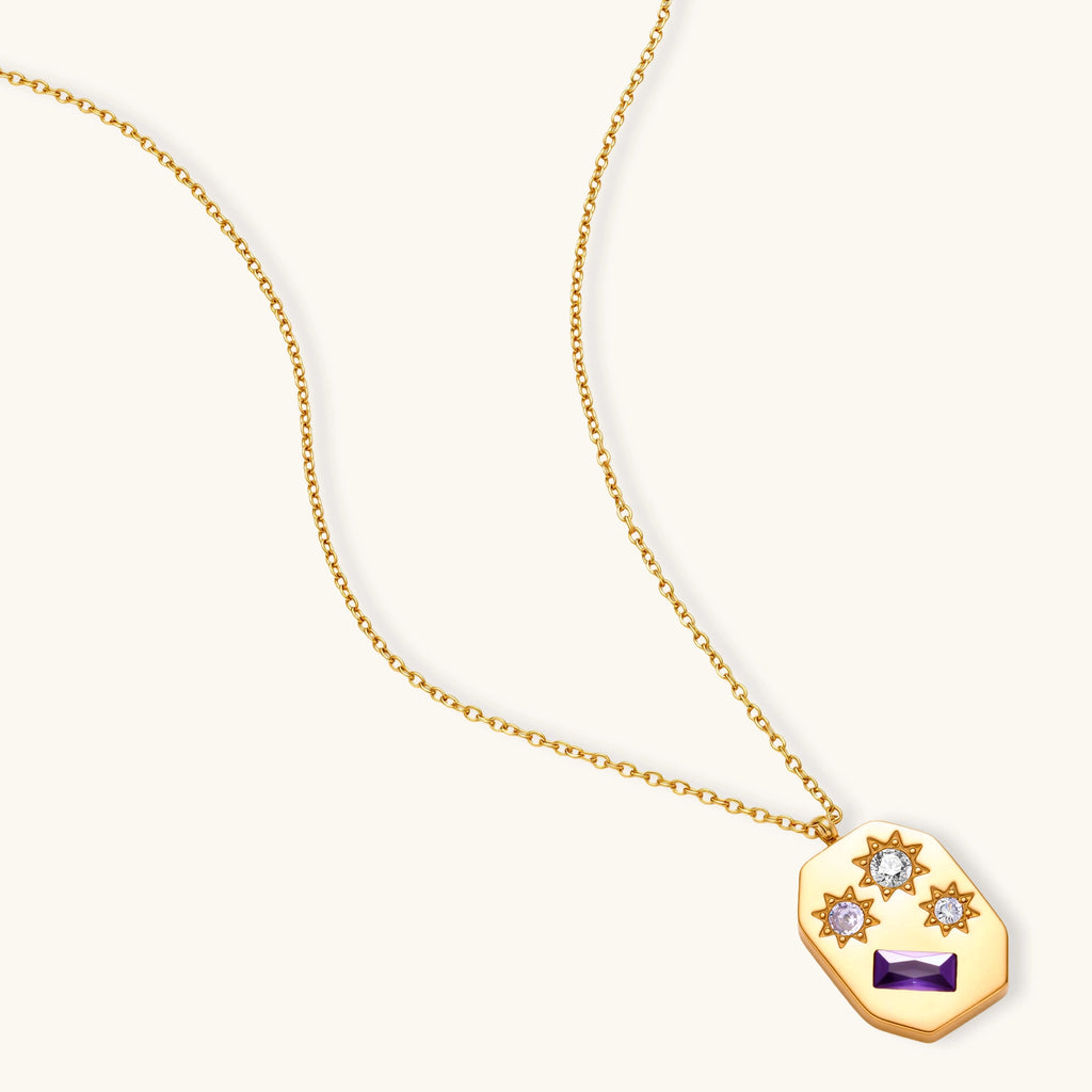 Gold octagonal pendant necklace with star engravings, purple baguette CZ, lavender and clear round stones on cable chain.