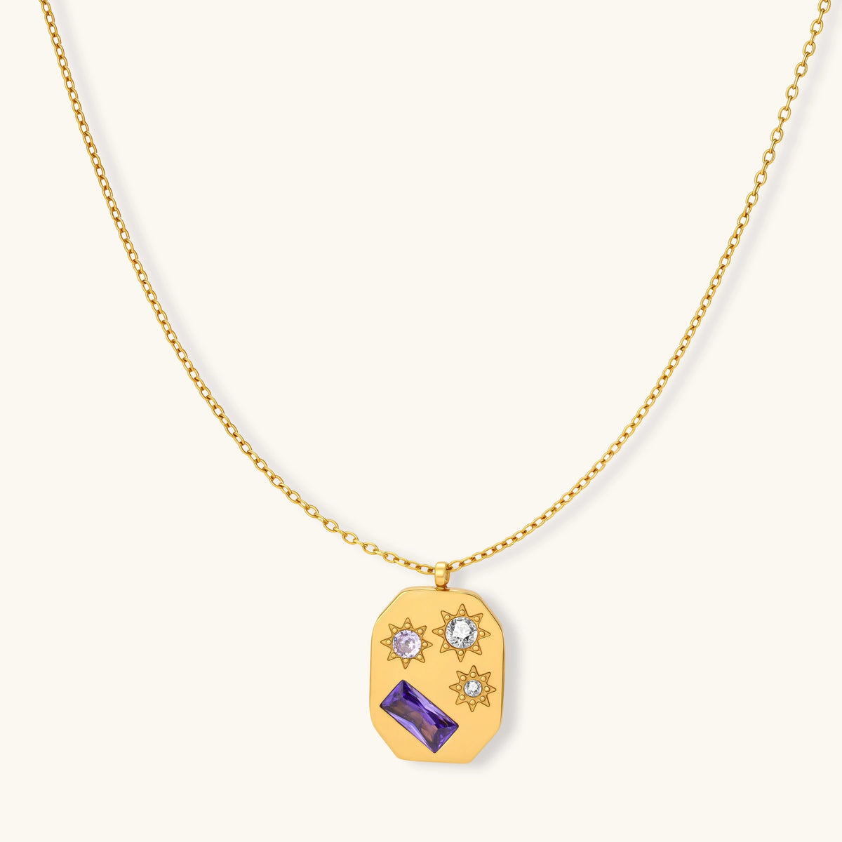 Gold octagonal pendant necklace with star engravings, purple baguette CZ, lavender and clear round stones on cable chain.