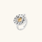 Complete jewelry set featuring citrine stone chips, silver beads, and cosmic circle pendants on cream background.