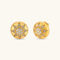 Round domed gold-plated stud earrings with brushed finish and an 8-point star paved in cubic zirconia stones.