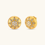 Round domed gold-plated stud earrings with brushed finish and an 8-point star paved in cubic zirconia stones.