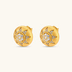 Round domed gold-plated stud earrings with brushed finish and an 8-point star paved in cubic zirconia stones.