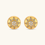 Round domed gold-plated stud earrings with brushed finish and an 8-point star paved in cubic zirconia stones.