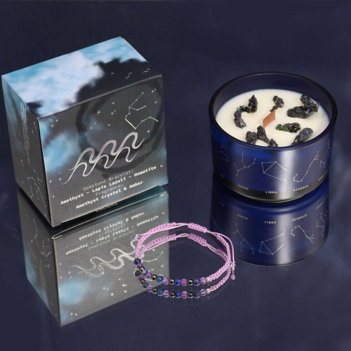 Zodiac Crystal Candle & Gemstone Bracelet — Aquarius