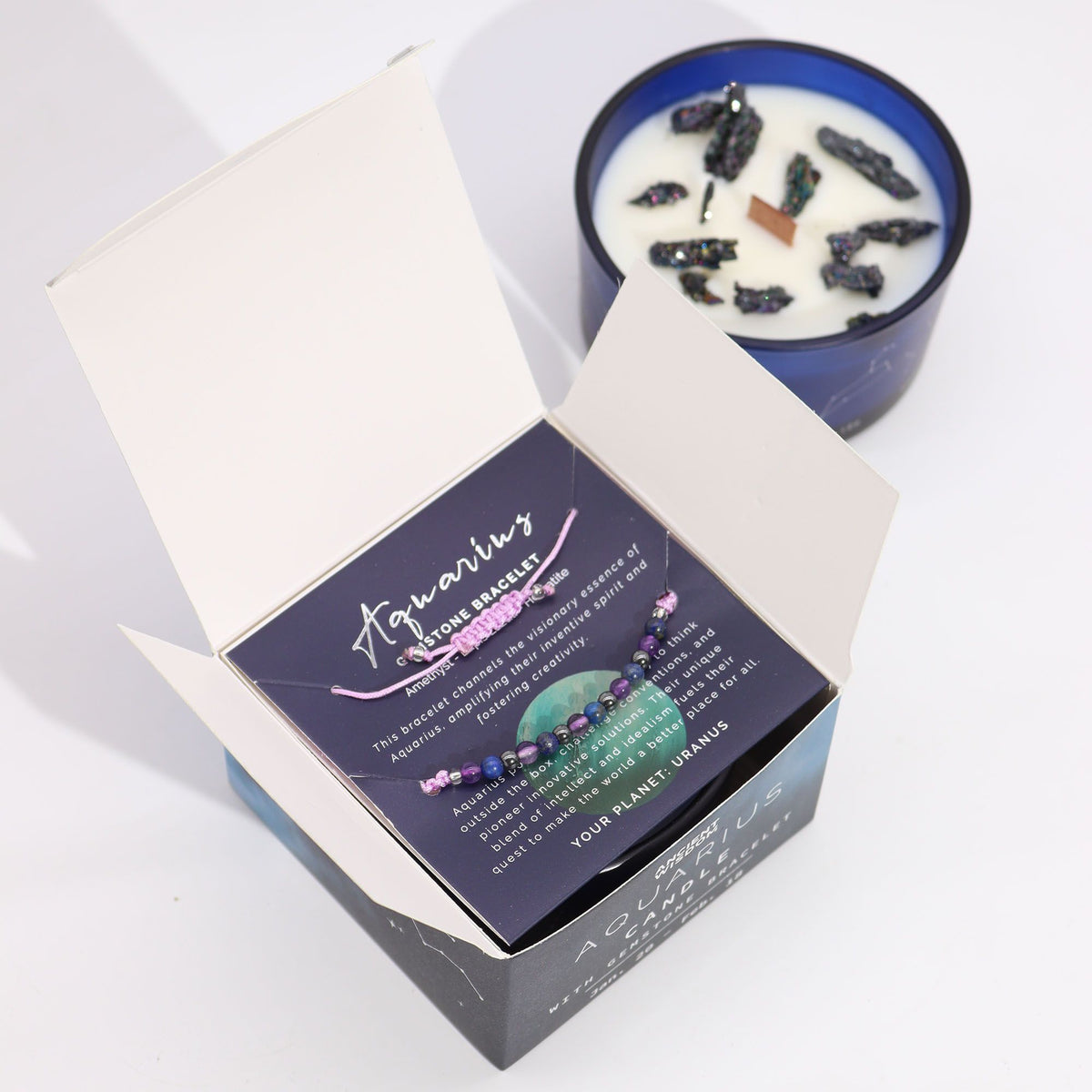 Zodiac Crystal Candle & Gemstone Bracelet — Aquarius