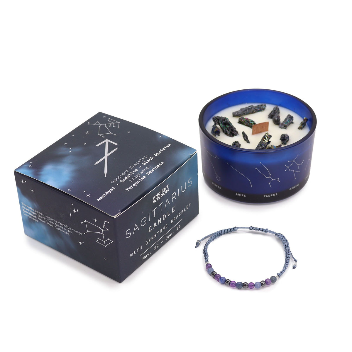 Zodiac Crystal Candle & Gemstone Bracelet — Sagittarius