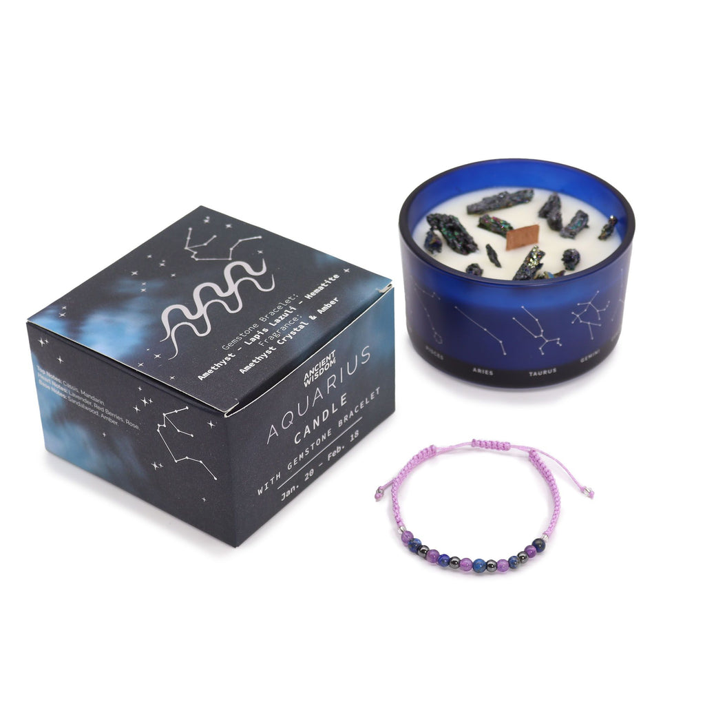 Zodiac Crystal Candle & Gemstone Bracelet — Aquarius