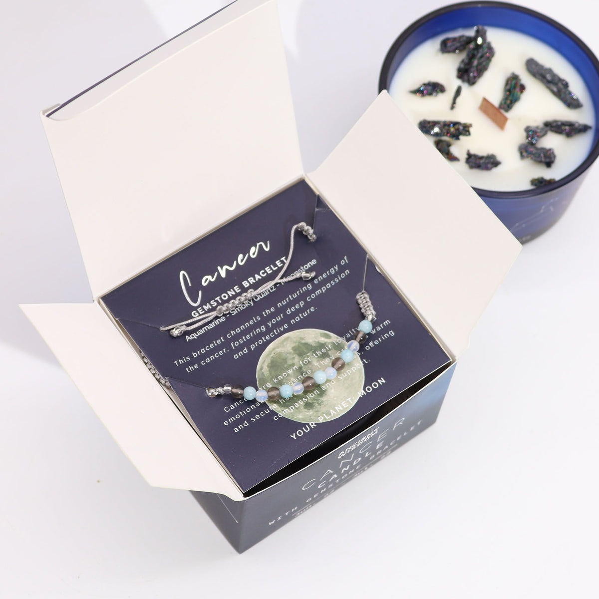 Zodiac Crystal Candle & Gemstone Bracelet — Cancer