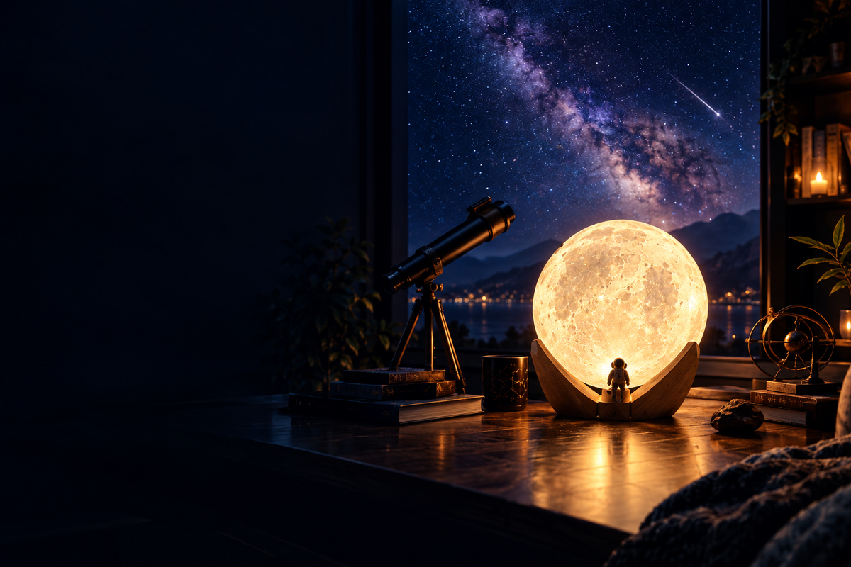 Cinematic moon lamp, telescope and Milky Way scene for Galactic Tadpole
